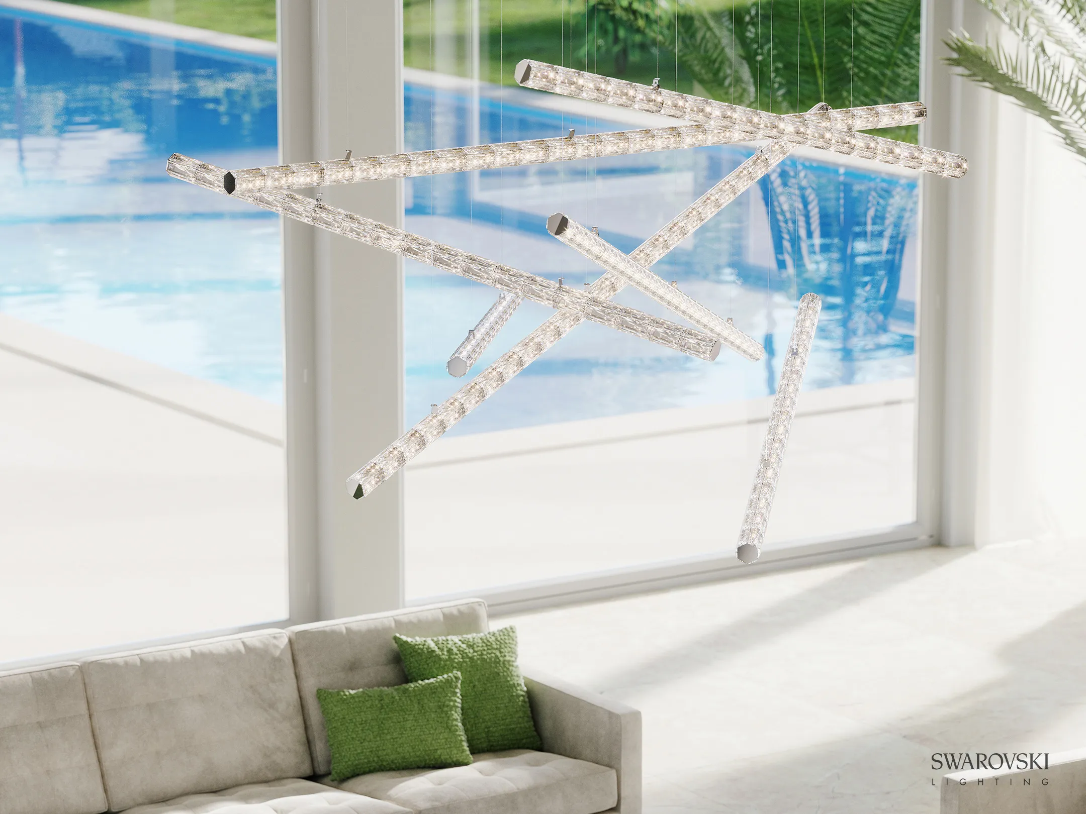 Anwendungsrendering: skulpturale Leuchte aus Kristallstäben über einem Wohnbereich (Swarovski Lighting)