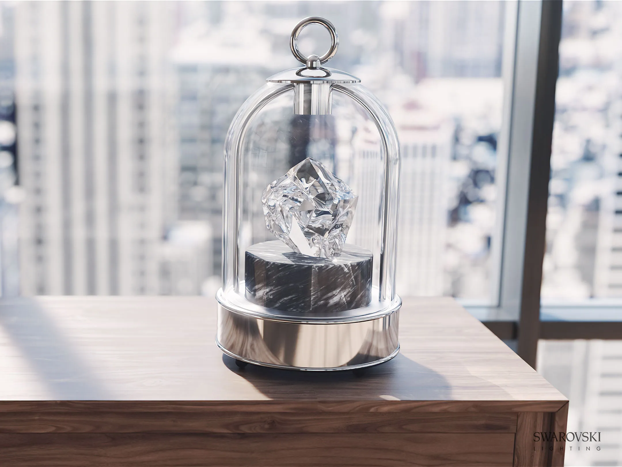 Anwendungsrendering: Tischleuchte mit Kristall unter Glaskuppel vor Stadtpanorama (Swarovski Lighting)