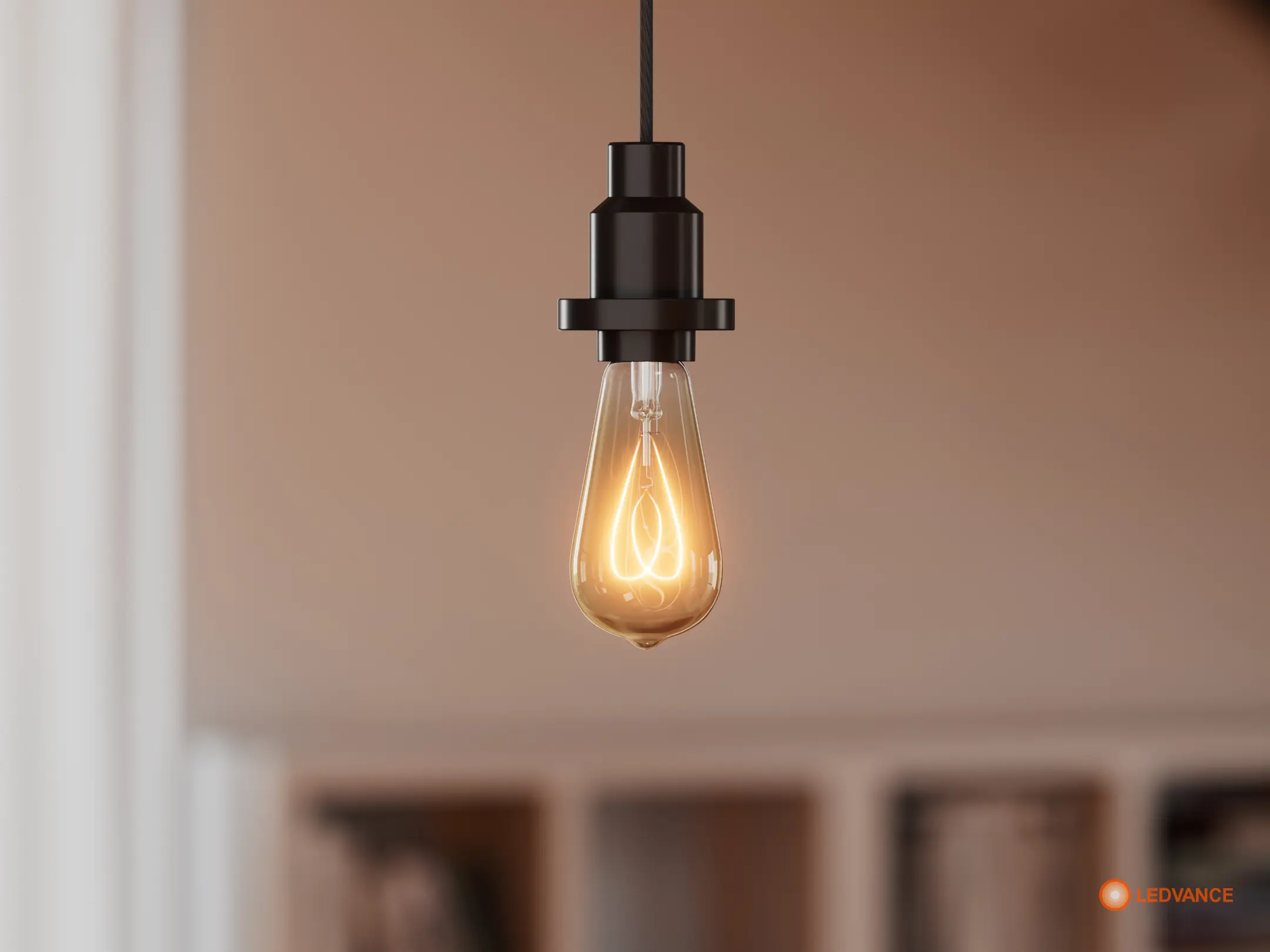 Produktrendering: schwarze Pendelfassung mit Filament-Leuchtmittel (Ledvance)