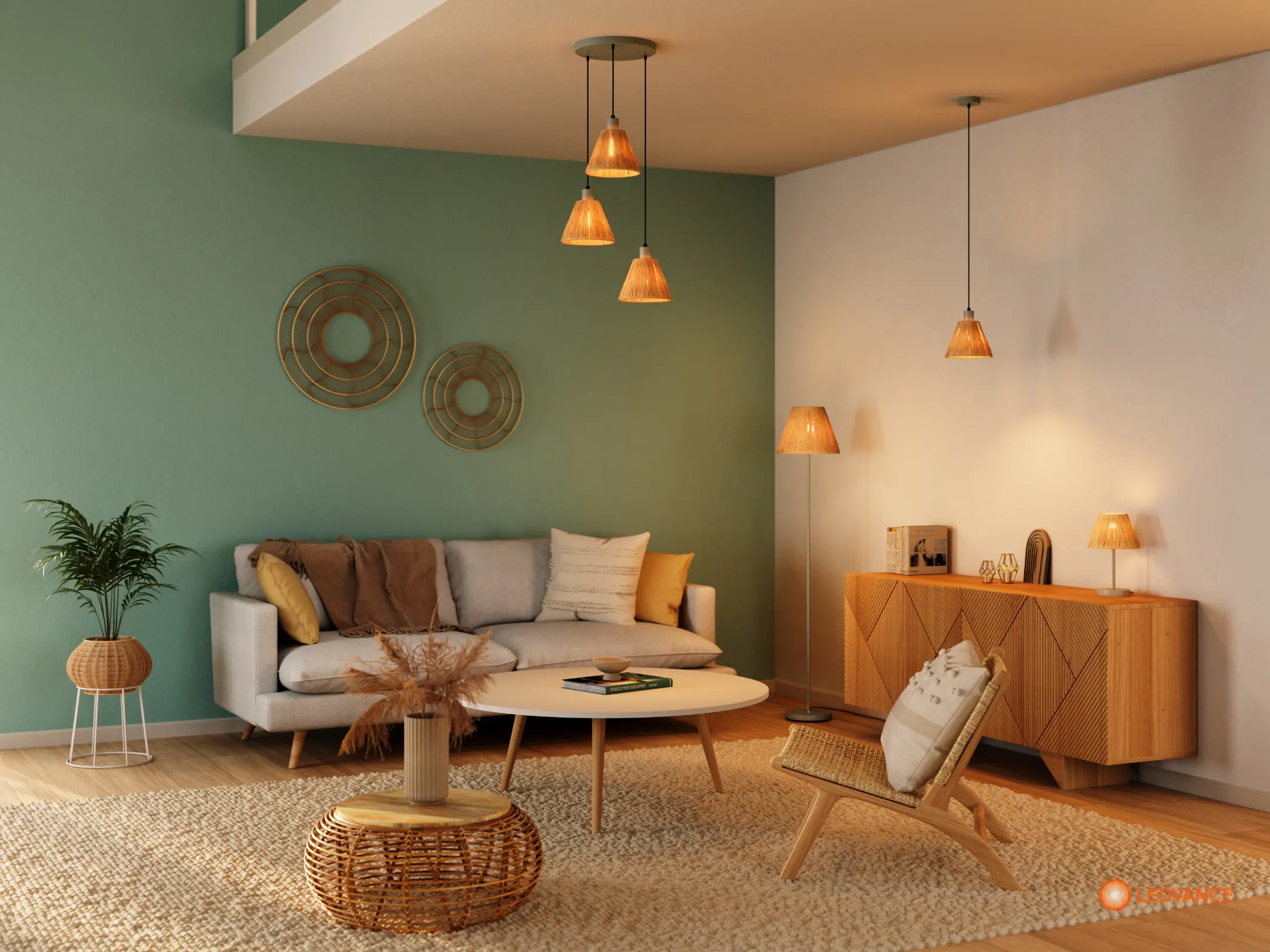 Anwendungsrendering: Wohnzimmer mit Bast-Pendelleuchten vor grüner Wand (Ledvance)