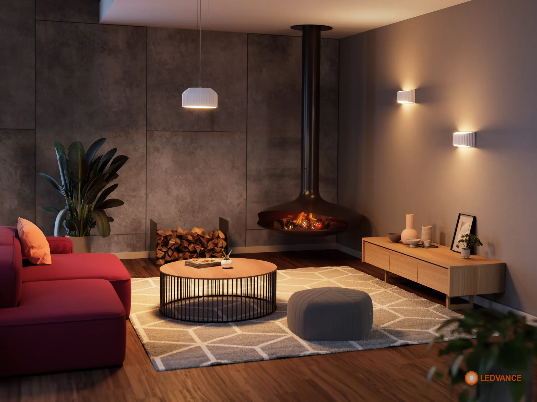 Anwendungsrendering: Wohnraum mit Pendel- und Wandleuchten am Kamin (Ledvance)