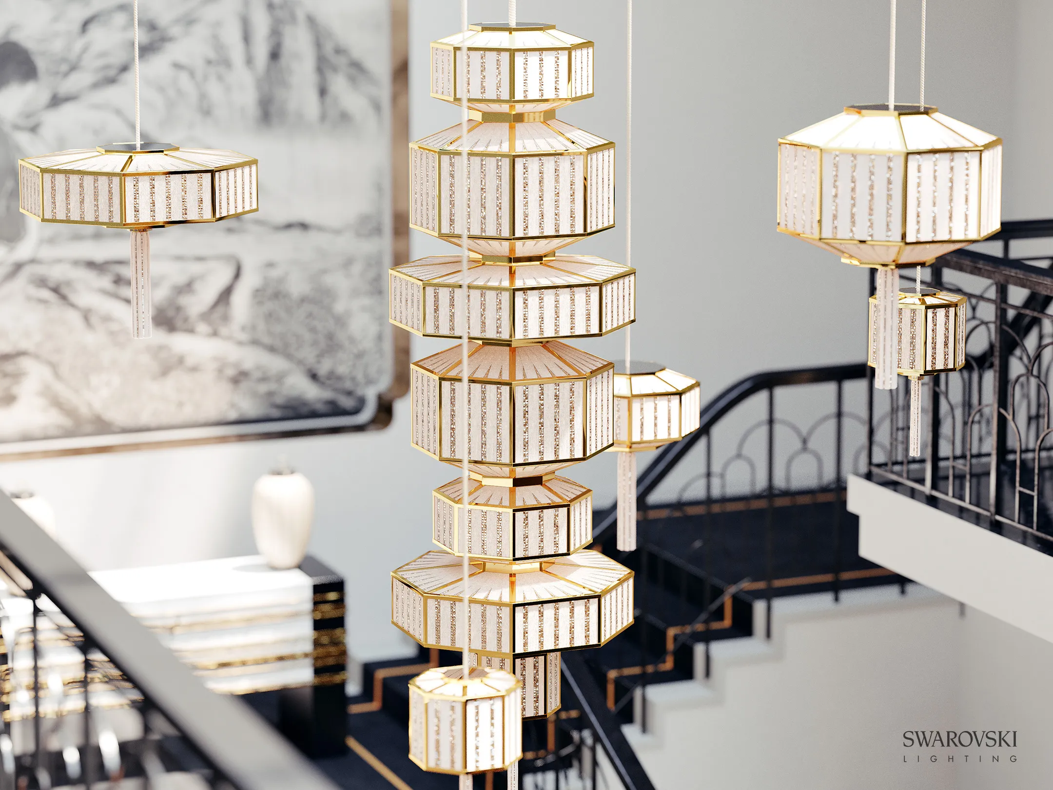 Anwendungsrendering: mehrstöckiger Leuchter über einem Treppenhaus (Swarovski Lighting)