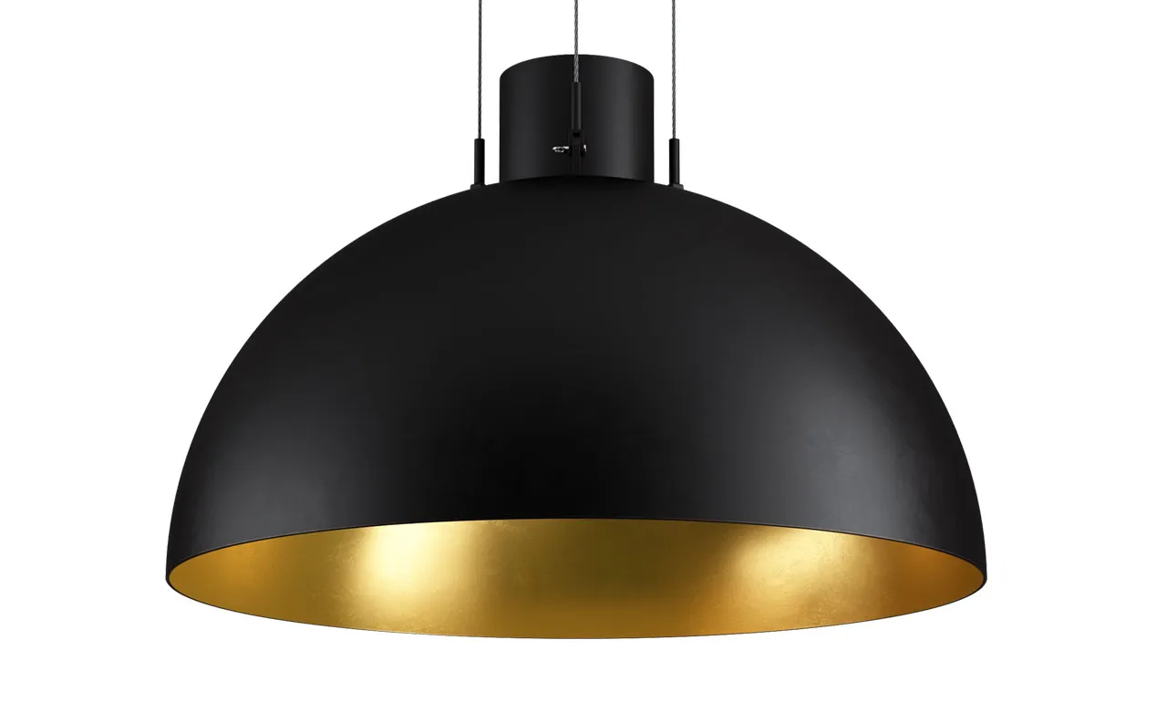 Produktrendering: Kuppel-Pendelleuchte in Schwarz mit goldener Innenseite