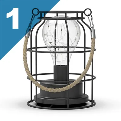 Schlichtes CAD-Rendering einer Laterne mit Drahtkorb und Seilgriff